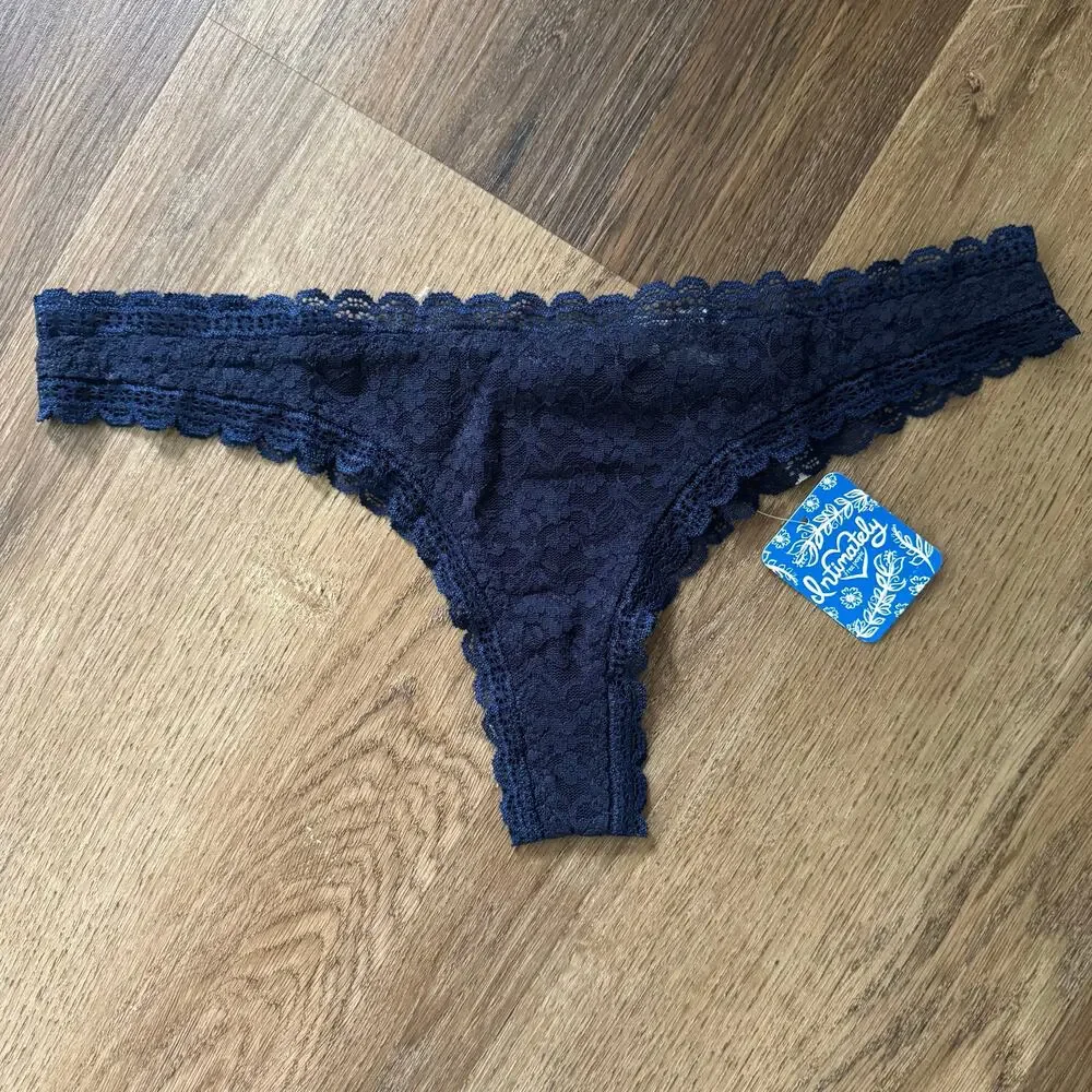 Free People Lace Tanga Thongs in Navy, 2 Pair